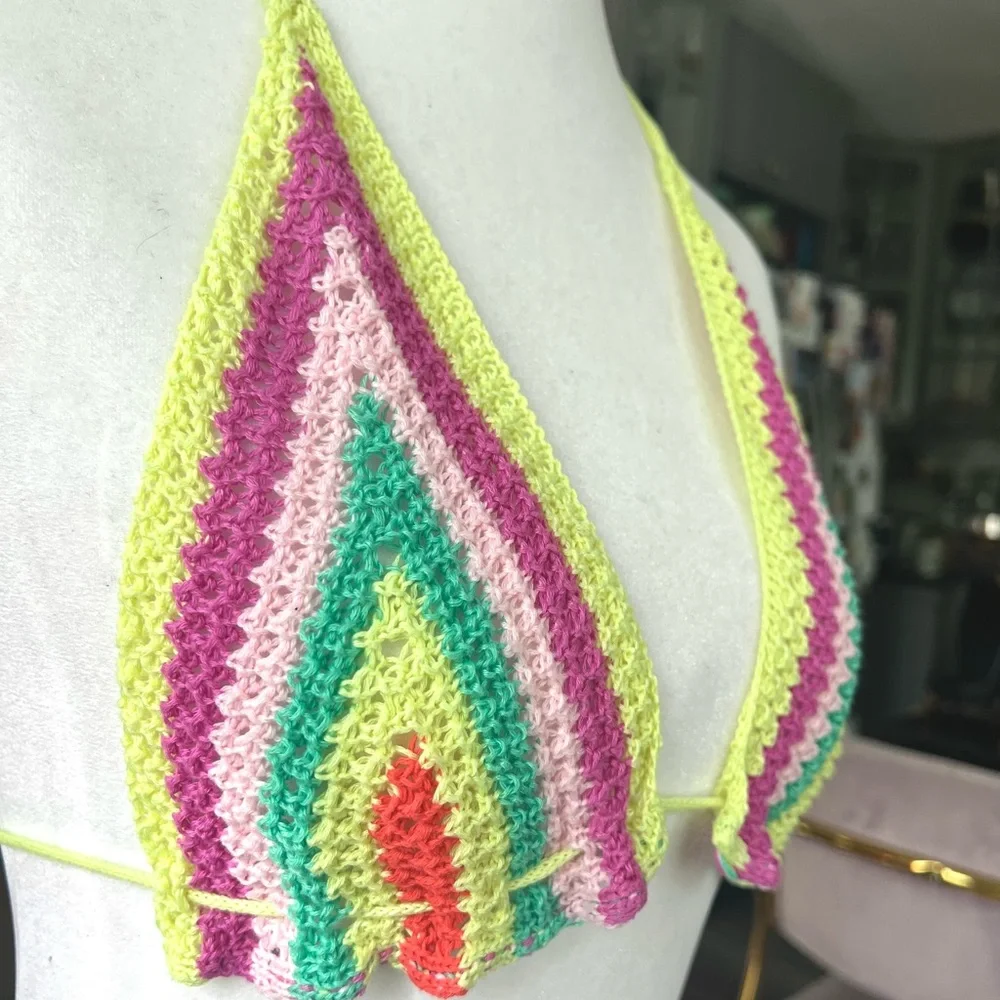 Pink and Green Crochet Bikini Top with Halter Ties - Picture 2 of 4